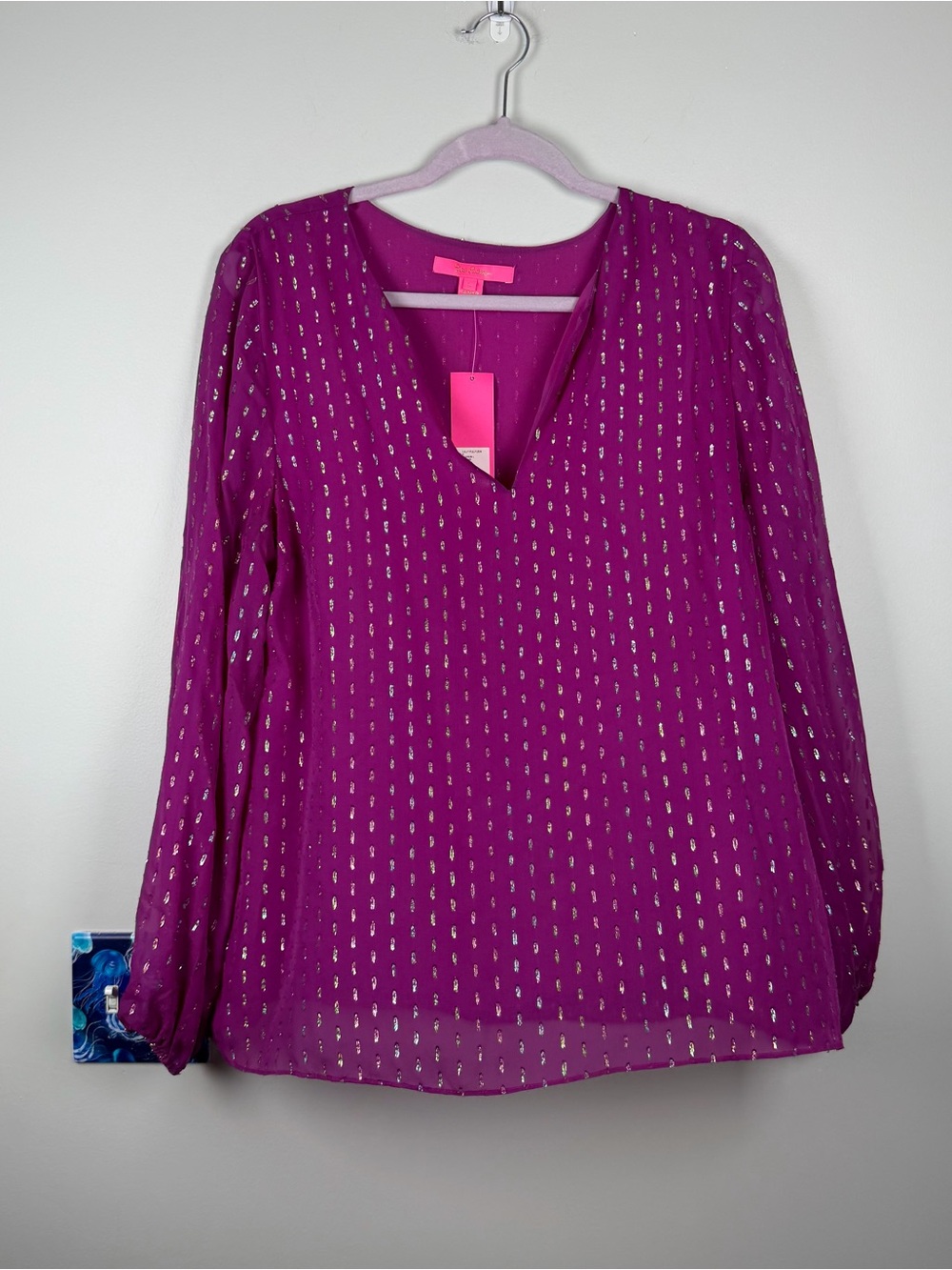 New Lilly Pulitzer Aaron Silk Blouse BORDEAUX BERRY RAINBOW METALLIC CLIP Large